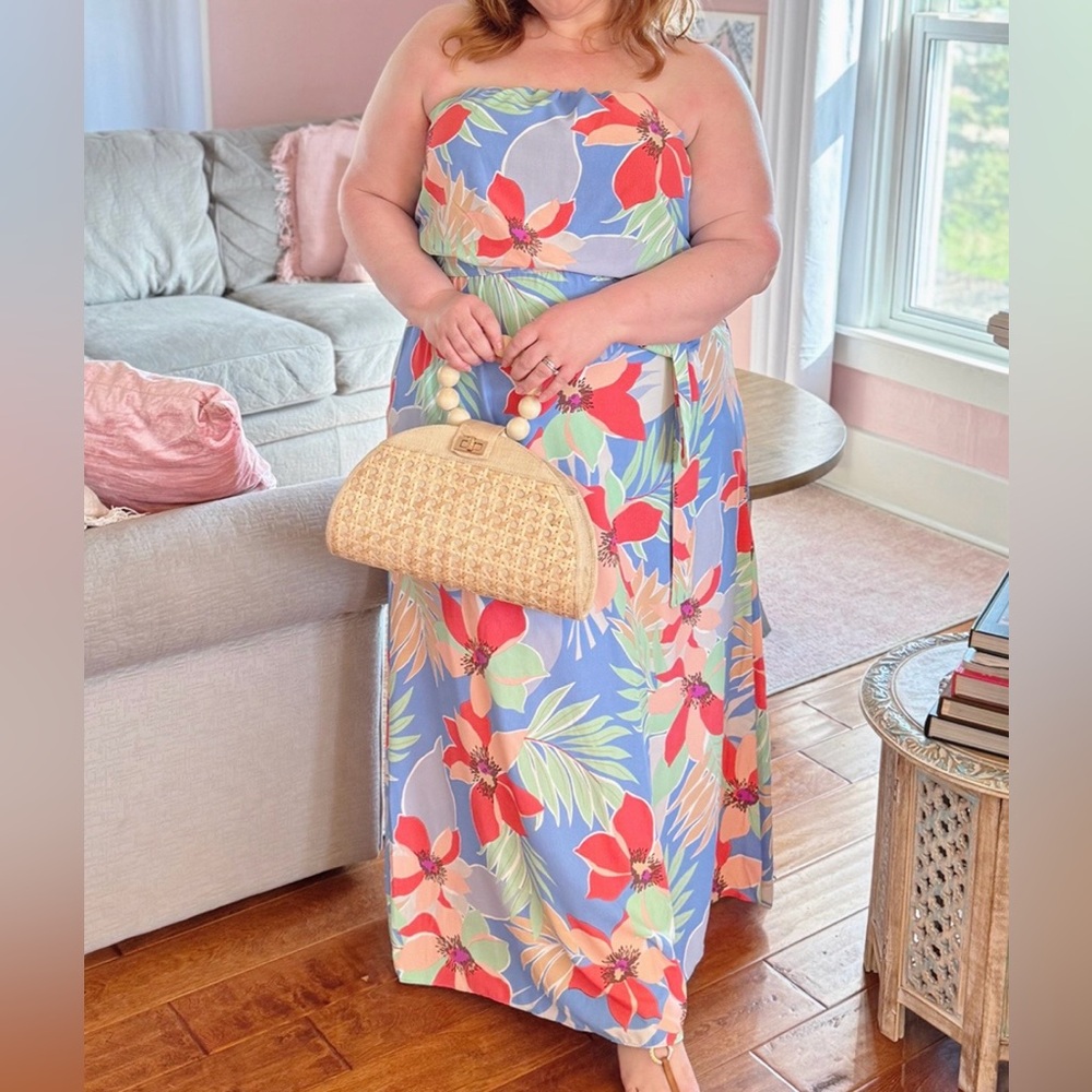 Floral Strapless Maxi Dress in Pastel Blue